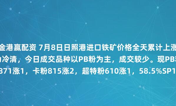 金港赢配资 7月8日日照港进口铁矿价格全天累计上涨1-2。市场交投情绪较为冷清，今日成交品种以PB粉为主，成交较少。现PB粉723涨2，PB块871涨1，卡粉815涨2，超特粉610涨1，58.5%SP10粉651平，48.5%榕海烘干镍铁矿385平。(对比前一工作日晚间价格；单位：元/湿吨)